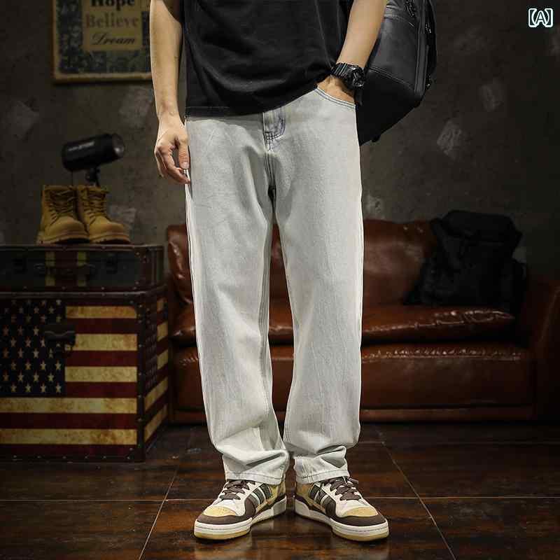 Cotton Pants - メンズ ロングパンツ 長ズボン アメリカン 春 デニム ジーンズ 綿混紡 ストレート ワイド ウォッシュド カジュアル コットン 男性 やや伸縮性あり レジャー 大きいサイズ ライトブルー ダメージ加工 リヨセル ボトムス ソフト ウォッシュ加工
