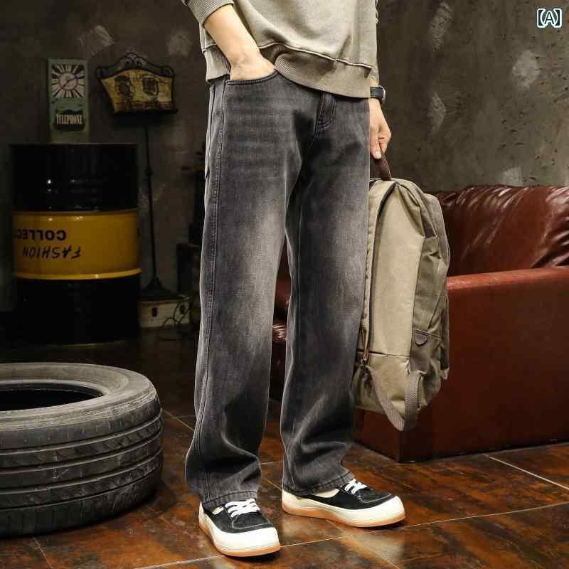メンズ ロングパンツ 長ズボン アメリカン 秋冬 レトロ デニム ジーンズ カジュアル ゆったり ウォシュド ストレート ストリート 綿混紡 やや伸縮性あり ブラックグレー ワイド ヴィンテージ ノスタルジック クラシック 男性 大きいサイズ 立体仕上げ