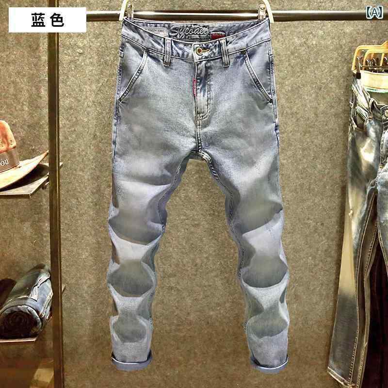 Pants - ライトウォッシュ デニム メンズ おしゃれ Gパン カジュアル 男性用 ライト ブルー サマー ジーンズ 斜めポケット パンツ ストリート ファッション 刺繍入り スリム ストレート パンツ 細身 スタイル