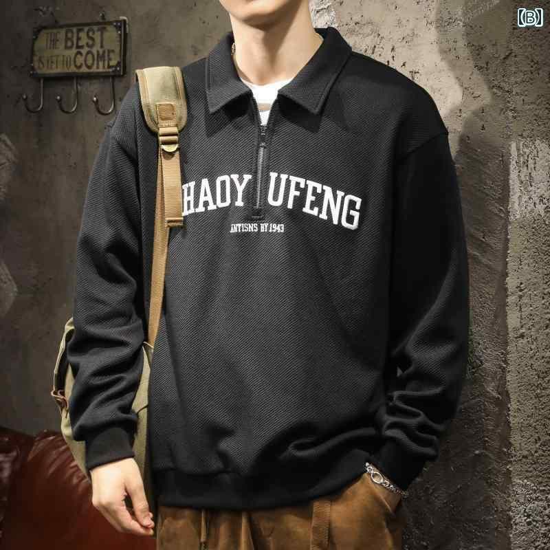 メンズ 長袖シャツ アメリカン ポロシャツ 春秋冬 襟付き ハーフジッパー 半ジップ トレーナー プリント ゆったり 半ファスナー 大きいサイズ トップス 男性用 アーミーグリーン ブラック ベージュ アイボリー 綿混紡 ポリエステル 男性用 刺繍