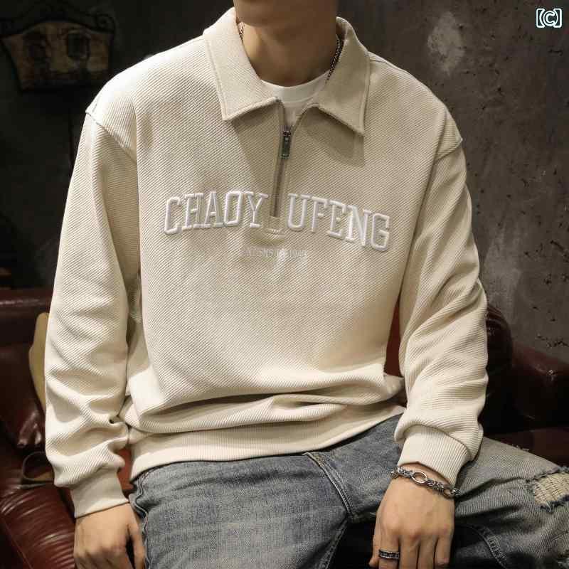 メンズ 長袖シャツ アメリカン ポロシャツ 春秋冬 襟付き ハーフジッパー 半ジップ トレーナー プリント ゆったり 半ファスナー 大きいサイズ トップス 男性用 アーミーグリーン ブラック ベージュ アイボリー 綿混紡 ポリエステル 男性用 刺繍