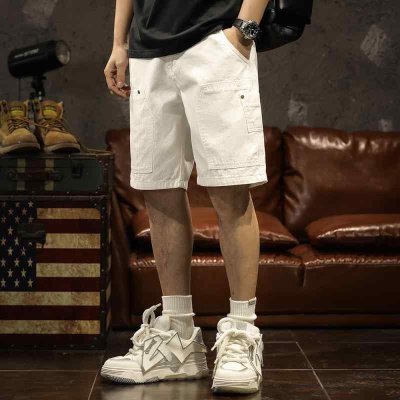 メンズ ショートパンツ ハーフ 半ズボン 五分丈 アメリカン 夏 レトロ ストレート ストリート カーゴ デニム フィット ゆったり 膝上 大きいサイズ リラックス 単色 無地 シンプル マルチポケット ノーアイロン カーキ ホワイト ブラック 黒 白