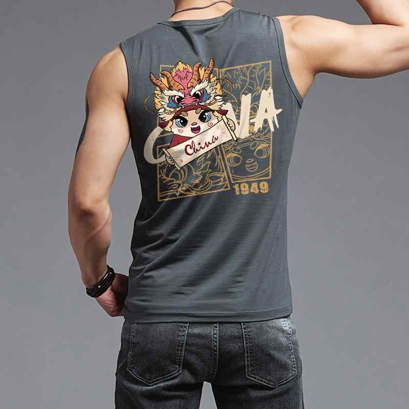 タンクトップ メンズ 柄 薄手 夏 涼感 スリムフィット ノースリーブ トップス 伸縮 通気性 吸湿 中国風..