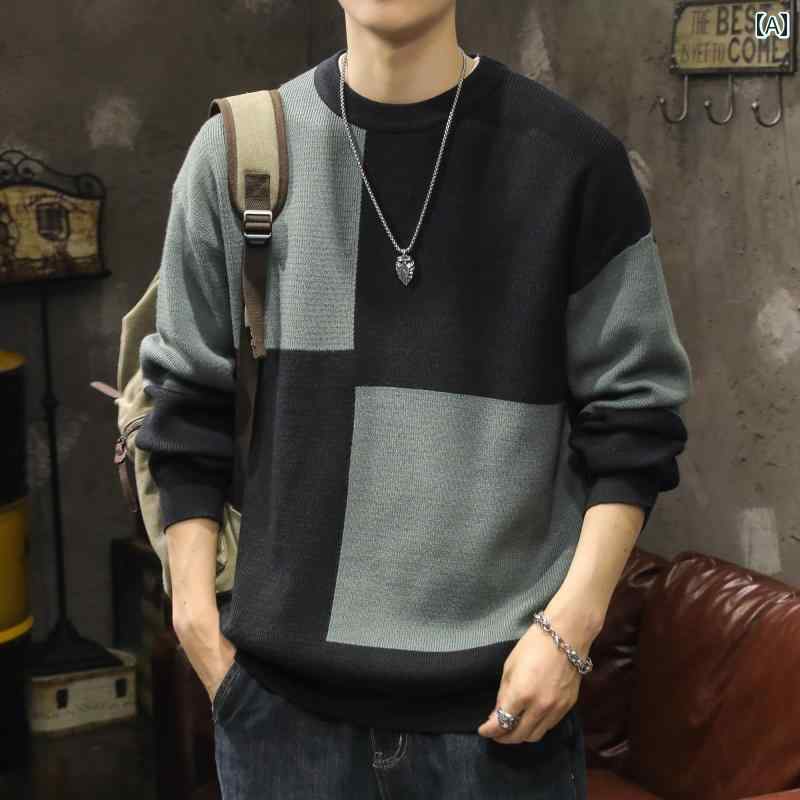 メンズ セーター 長袖 厚手トップス 秋冬 ラウンドネック 丸首 ファインウール ニット 2色 ツートーン 大柄チェック ゆったり レジャー 人口繊維 カジュアル 厚手 ナイロン ポリエステル 男性 大きいサイズー グリーン ブラック グレー アイボリー