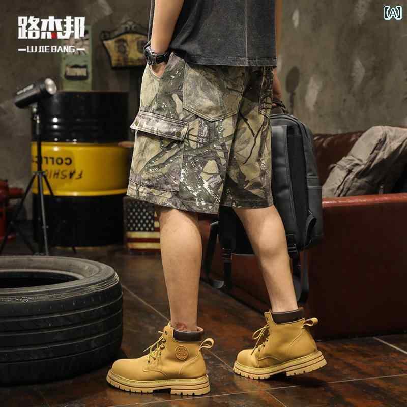 メンズ パンツ 夏 迷彩 作業着 アメリカン レトロ ショーツ カジュアル ショート ハーフ 半ズボン 五分丈 ゆったり ワイドフィット ストレート やや伸縮性 通気性 綿混紡 コットン 大きいサイズ アウトドア ポケット装飾 ノーアイロン