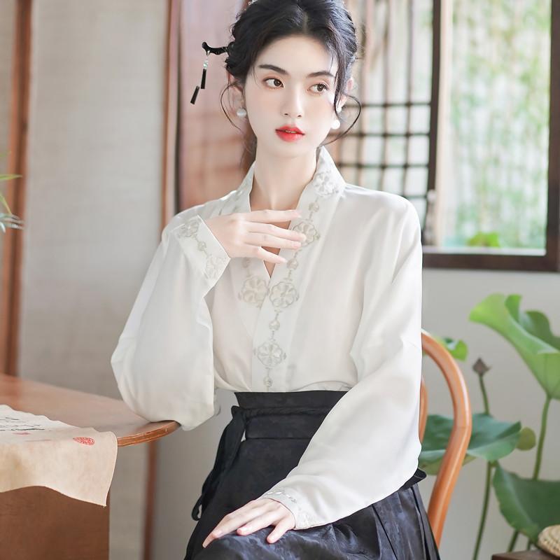 レディース ファッション スカート シャツ アンティーク クロスカラー トップス 春秋 チャイナ風 刺繍 女性用 ブラウス Vネック ゆったり 長袖 エレガント シック