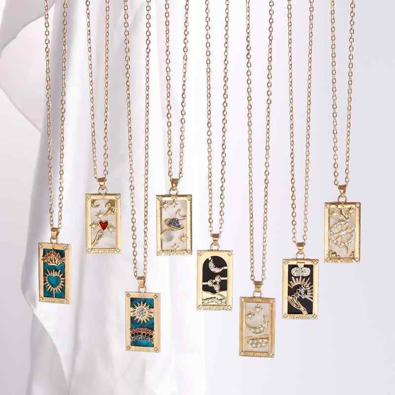 レディース ネックレス アクセサリー アメリカ ジュエリー シンプル 単層 金属 スリム チェーン 長方形 タロットカード ペンダント ネックレス スクエア カード(4)