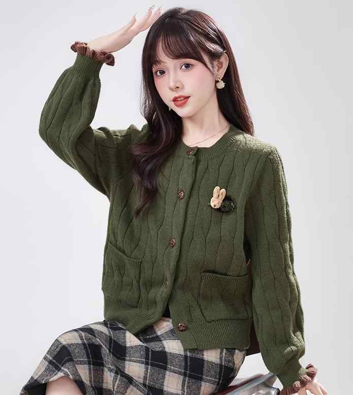 セーター レディース 秋冬 レトロ ラウンドネック ツイスト フォレストグリーン 女性 ガーリー カレッジ ニットカーディガン ジャケット フェミニン