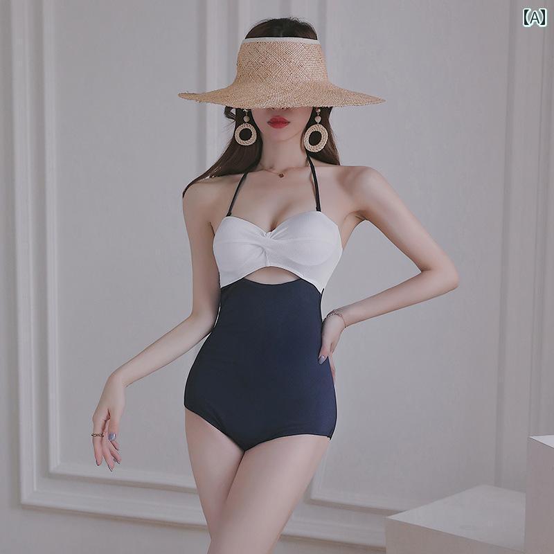 レディース 水着 ワンピース レトロ 韓国 女性用 カラーブロック ツートーン 魅力的 ウエスト腰回りカバー スリム効果 バックレス ダークブルー ブラック ホワイト 白 バストプッシュアップ リゾート スパ ビーチ プール 胸パットなし ワイヤーあり
