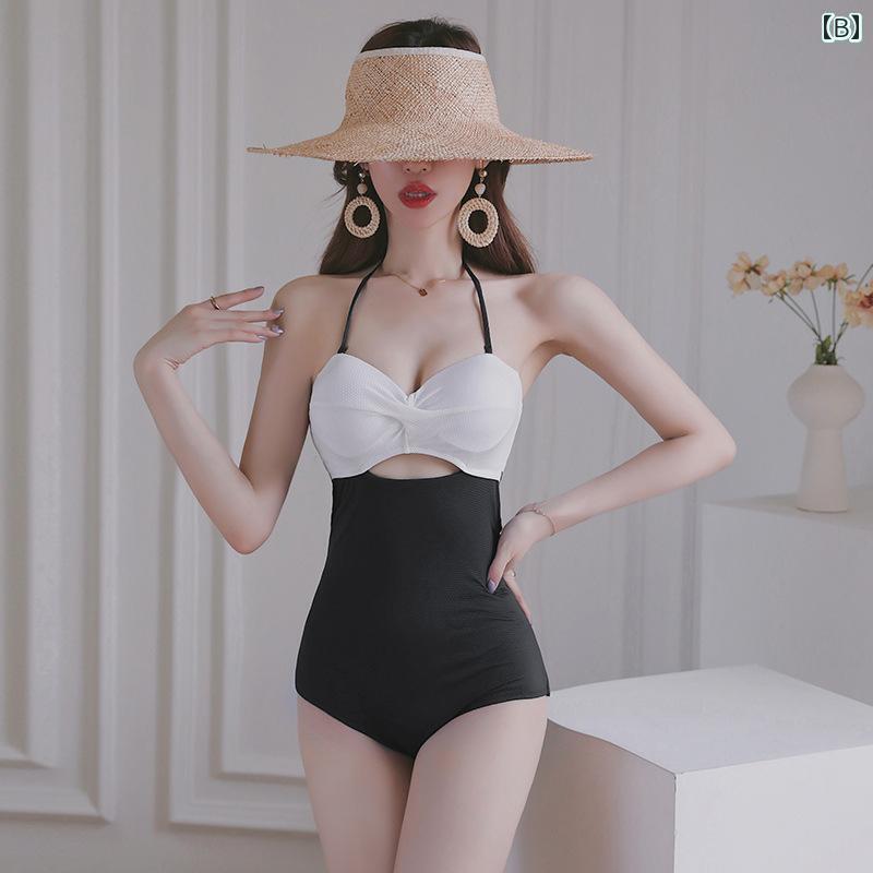 レディース 水着 ワンピース レトロ 韓国 女性用 カラーブロック ツートーン 魅力的 ウエスト腰回りカバー スリム効果 バックレス ダークブルー ブラック ホワイト 白 バストプッシュアップ リゾート スパ ビーチ プール 胸パットなし ワイヤーあり