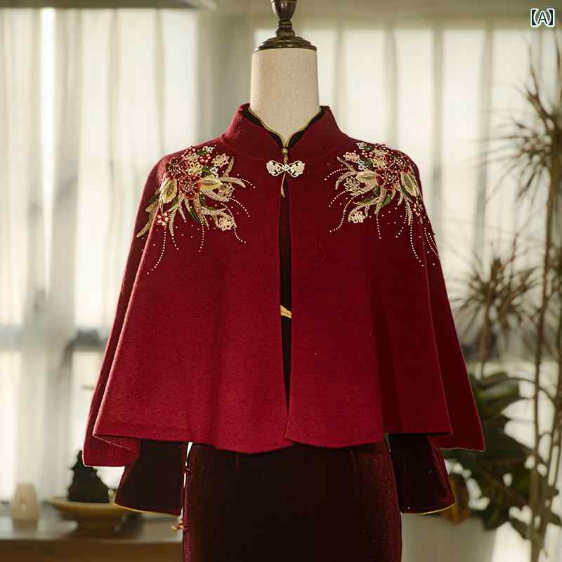 ショール チャイナドレス 結婚式 パーティー マザーズ 上品 きれいめ レディース 婦人服 赤い チャイナ ケープ マント 女性 スタイル アウター コート ベルベット 刺繍