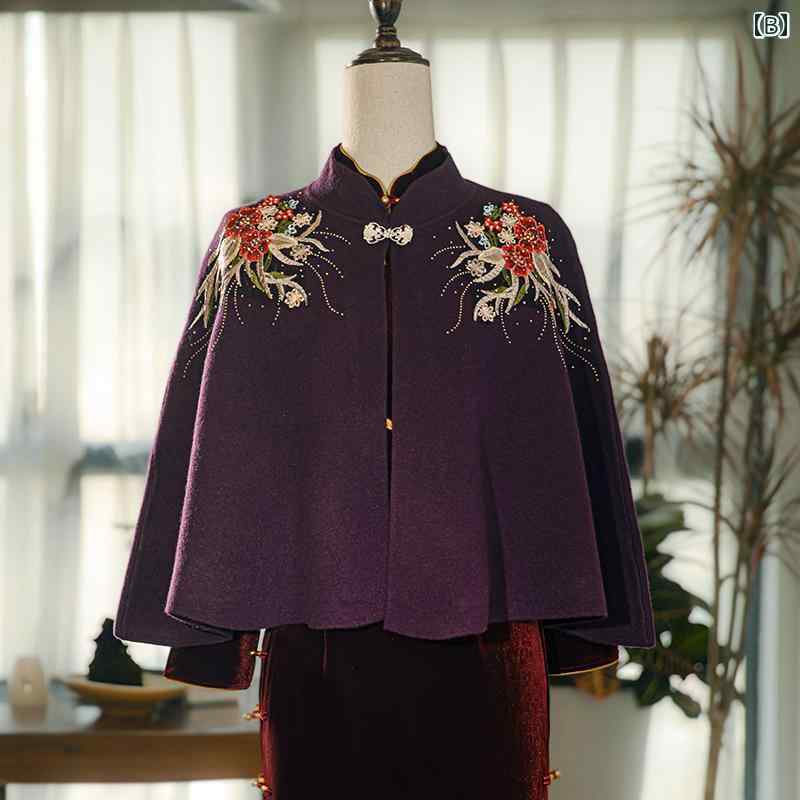 ショール チャイナドレス 結婚式 パーティー マザーズ 上品 きれいめ レディース 婦人服 赤い チャイナ ケープ マント 女性 スタイル アウター コート ベルベット 刺繍