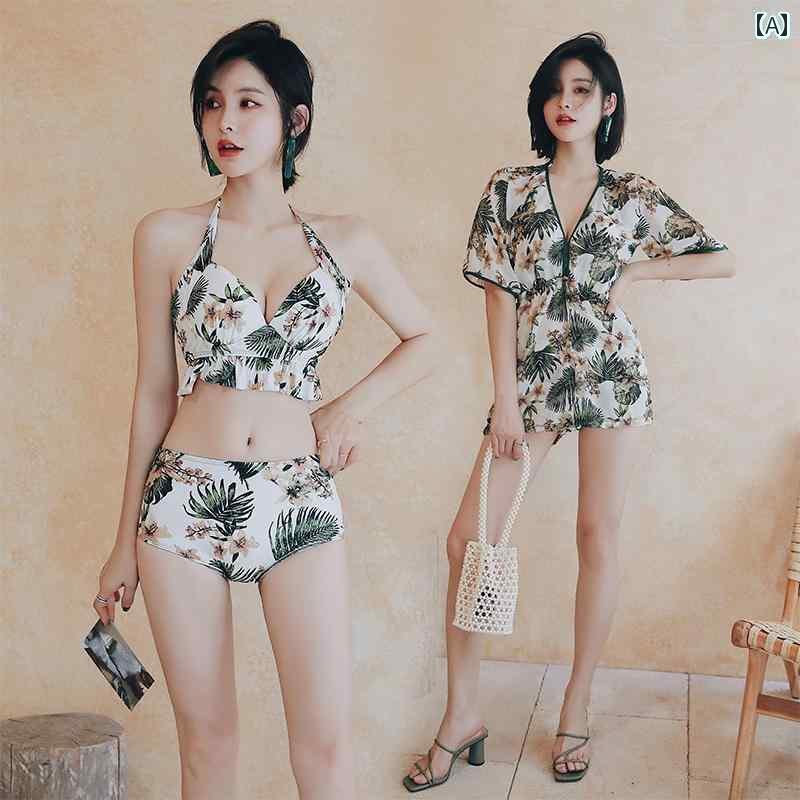 水着 レディース メンズ カップル用 ビキニ アウター半袖ブラウス スリーピース 3点セット フリル装飾 ボタニカル柄 ネックストライプ ビーチパンツ ペアルック 花柄 グリーン ピンク 大きいサイズ バカンス リゾート ハネムーン ビーチ スパ プール