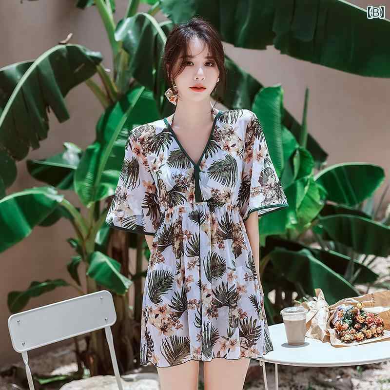 水着 レディース カップル 女性用 ビキニ フリル装飾 アウター半袖ワンピース 3点セット スリーピース メンズ ビーチズボン ピンク花柄 グリーンボタニカル柄 フローラルプリント リゾート バカンス スパ ビーチ プール ハネムーン 大きいサイズ