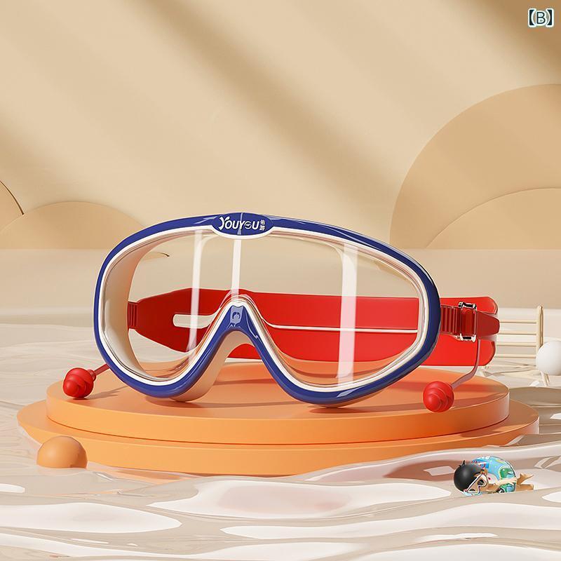 水泳用品 子供用 水泳ゴーグル 男の子用 女の子用 男子女子兼用 男女兼用 スイミングゴーグル 耳栓一体型 耳栓付きゴーグル 水中メガネ 防水 防曇 曇り止め ラージフレーム 大きいフレーム ダイビングゴーグル 単品 スイミングキャップセットシリコン