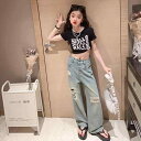 キッズ 女の子 デニム パンツ 夏 ボトムス ダメージ加工 ジーンズ ロング ワイド ポケット ゴムベルト ミッドライズ トップス tシャツ 上下セット ゆった...
