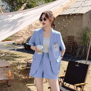 セットアップ レディース ショートパンツ ジャケット ボトムス トップス 夏 韓国 半袖 シングルブレスト ポケット ゆったり 柔らかい 着回し カジュアル 青 白