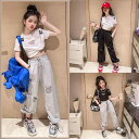 クロップド丈 トップス 女の子 キッズ 上下セット 夏 Tシャツ 半袖 ラウンドネック スリムフィット 長ズボン ダメージ プリント グレー 白 黒 カジュアル