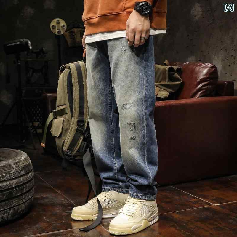 デニムパンツ メンズ 男性用 長ズボン ロングパンツ ボトムス 秋冬 アメリカン ストリート レトロ ウォッシュド 傷加工 ユーズド加工 ジーンズ デニム ストレートレッグ 伸縮性なし 綿混紡 ポリエステル繊維 カジュアル レジャー 大きいサイズ ブルー