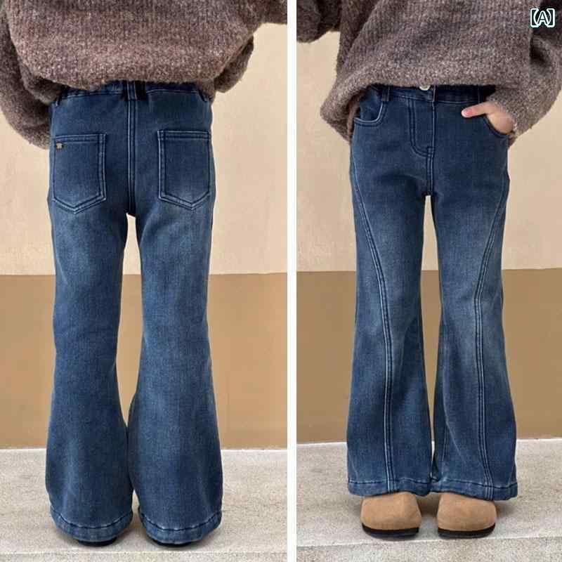 キッズ 子供服 デニム フレアパンツ 暖かい かわいい おしゃれ 着やすい 動きやすい 防寒 韓国 外遊び 外出着 レジャー アウトドア 衣装 デート ダンス パフォーマンス スポーツ 学校