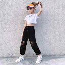 女の子 へそ出し トップス キッズ 夏 おしゃれ カジュアル シンプル ヒップホップ ダンス 衣装 半袖 Tシャツ パンツ ラウンドネック 綿 上下セット 白 黒(4)