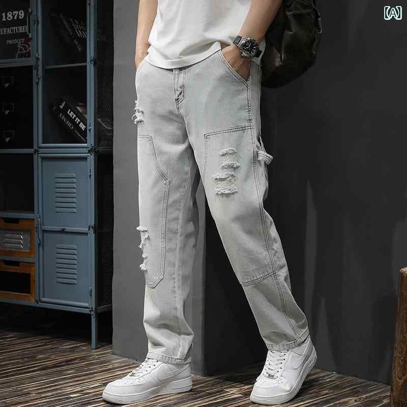 メンズ デニム ロングパンツ ジーンズ ストレート ワイド アメリカン ストリート おしゃれ かっこいい 履きやすい 快適 イベント フェス レジャー アウトドア キャンプ ダンス パフォーマンス 仕事着