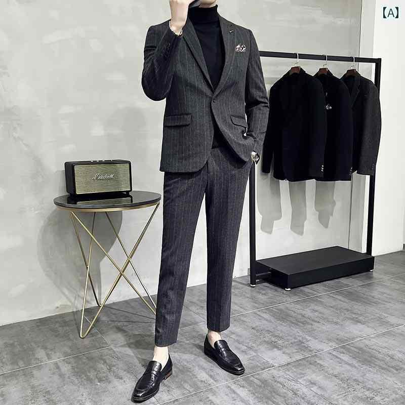 スーツ ジャケット パンツ メンズ おしゃれ スタイリッシュ 厚手 ウール 秋冬 ストライプ カジュアル 大きいサイズ シングルブレスト ダークグレー 男性