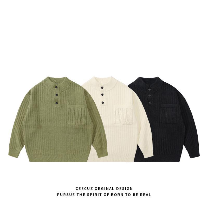 セーター メンズ 秋冬 長袖 シンプル ヘビーウェイト ハーフ オープン カラー レトロ 無地 セーター 厚手 スタンドカラー トップス マルチカラー