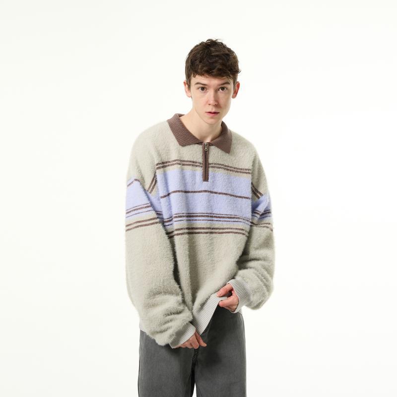 セーター 長袖 カップル 秋冬 アメリカン レトロ ストライプメンズ レディース おしゃれ カジュアル トップス コントラスト ポロカラー セーター