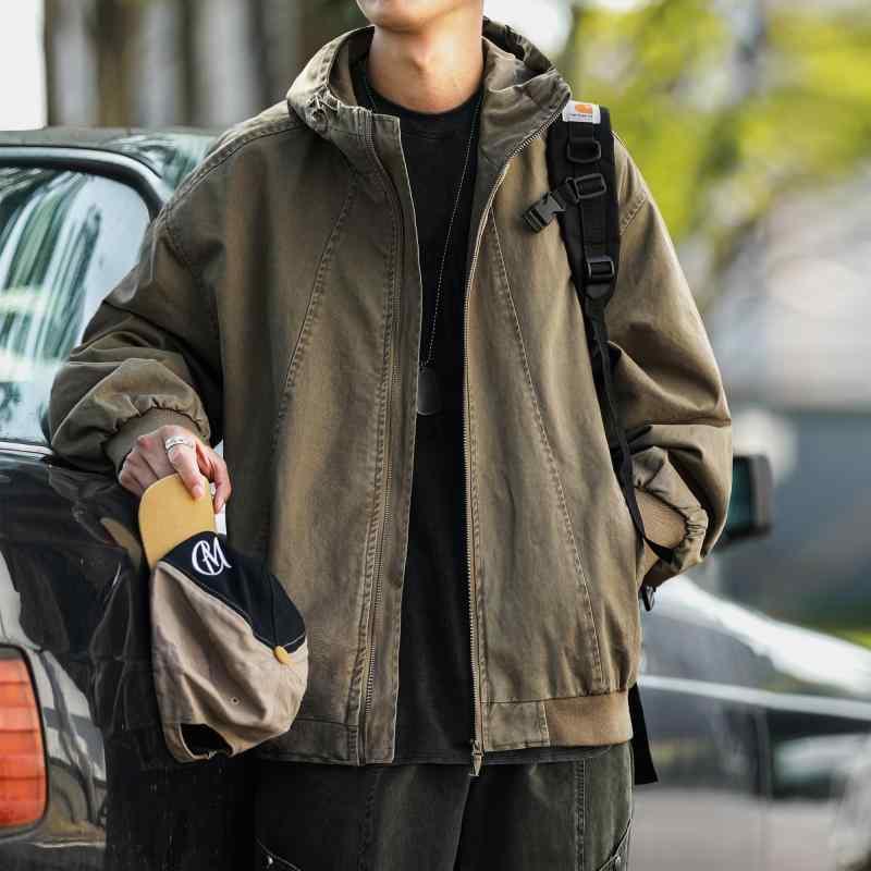 パーカー ジップアップ レトロ 春秋 メンズ フーディー クラシカル 洗浄 スプリット 作業着 フード付き カジュアル ジャケット ワークウェア