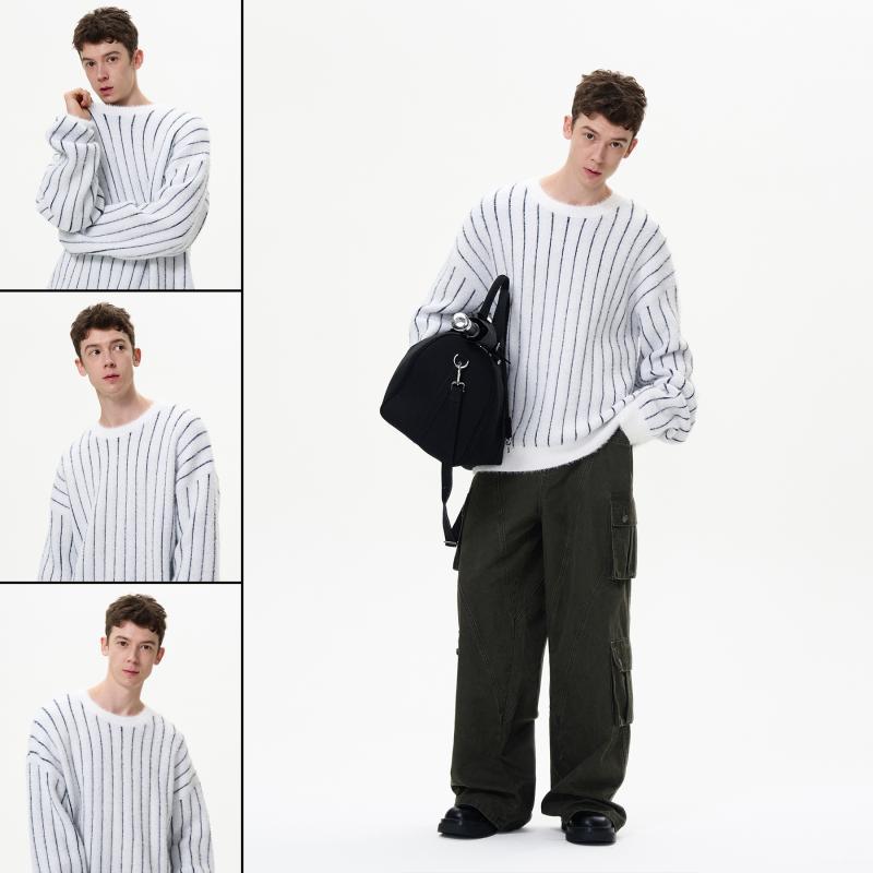 ストライプ セーター 長袖 秋冬 メンズ レディース レトロ カジュアル ソフト ワックス トップス オーバーサイズ シンプル おしゃれ 普段使い