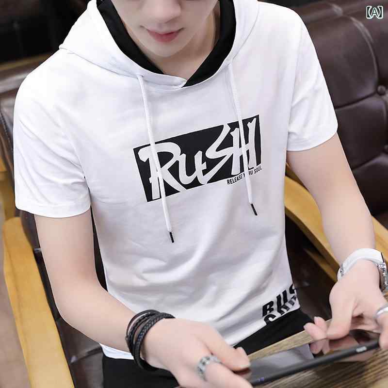 Pull Over - パーカー 半袖 メンズ フード付き プルオーバー 春夏 カジュアル 大きいサイズ ティーン 綿 薄手 スリムフィット トップス 学生 トレーナー ホワイト ブラック