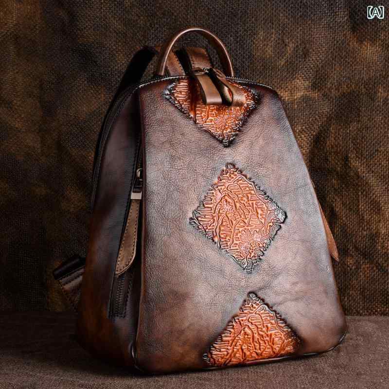 Rucksacks, Day Packs - リュック レディース レザー 革 おしゃれ 鞄 バックパック レトロ 大容量 エンボス カジュアル 旅行 オレンジ グリーン ブラック
