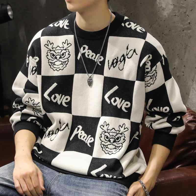 ニット セーター 秋冬 格子 ラウンドネック プルオーバー カジュアル ドラゴン柄 メンズ レディース カップル リンクコーデ