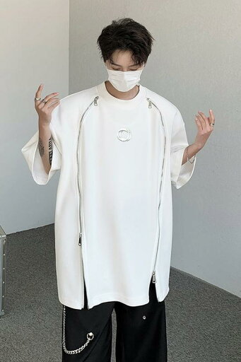 tシャツ メンズ 韓国 トップス カットソー 半袖 夏 ジップアップ ワンポイント 肩パッド ゆったり 大きいサイズ ストリート ユニーク カジュアル 白 黒 tシャツ メンズ 韓国 トップス カットソー 半袖 夏 ジップアップ ワンポイント 肩パッド ゆったり 大きいサイズ ストリート ユニーク カジュアル 白 黒