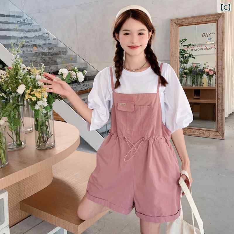 サロペット パンツ レディース オーバーオール つなぎ 夏 ショート丈 レトロ おしゃれ ワイド 韓国 ピンク グリーン