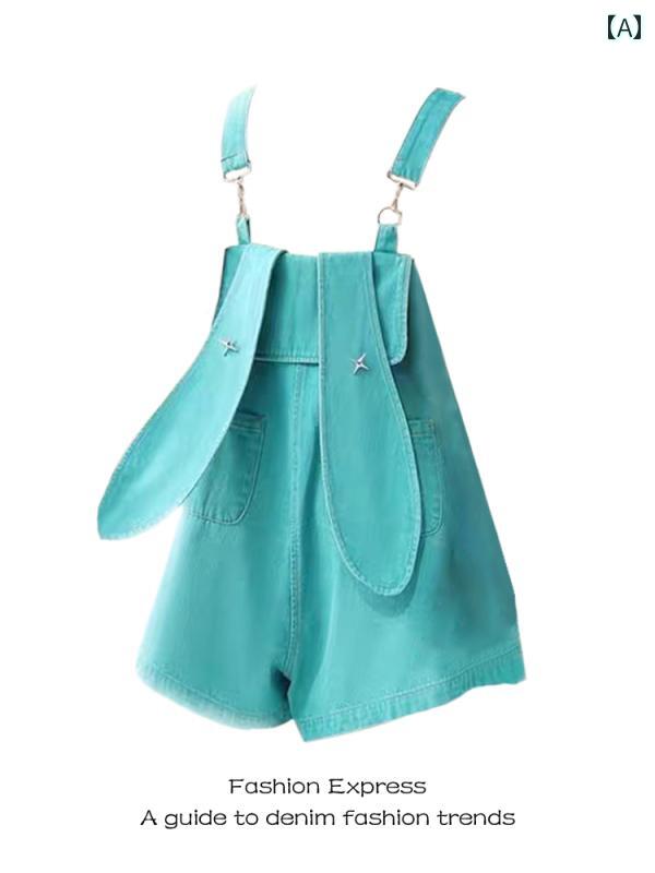 サロペット パンツ レディース オーバーオール つなぎ うさ耳 デニム 夏 かわいい ゆったり 大きいサイズ グリーン