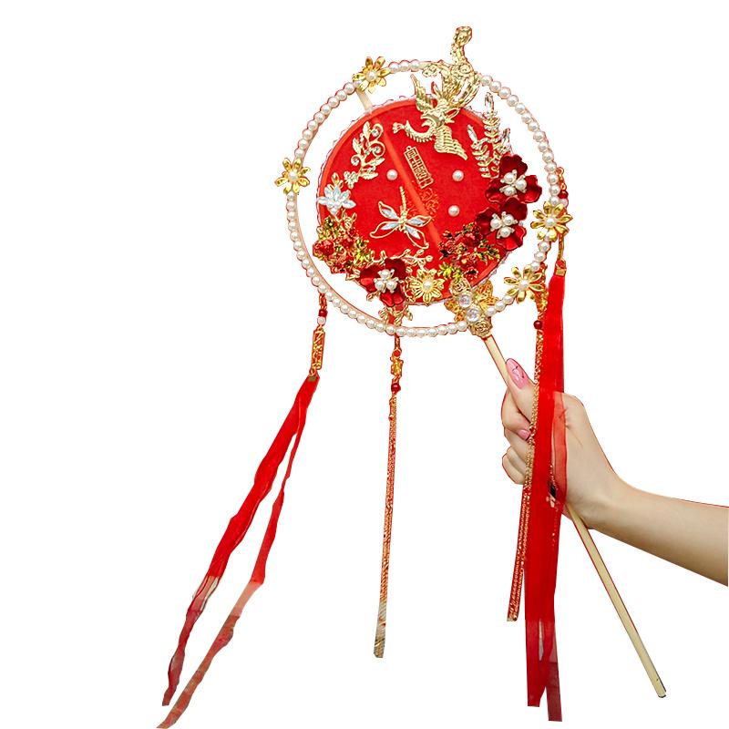 扇 うちわ ファン おしゃれ チャイナ風 結婚式 扇子 レトロ 鳳凰 房 長柄 ラウンド レッド アクセサリ..