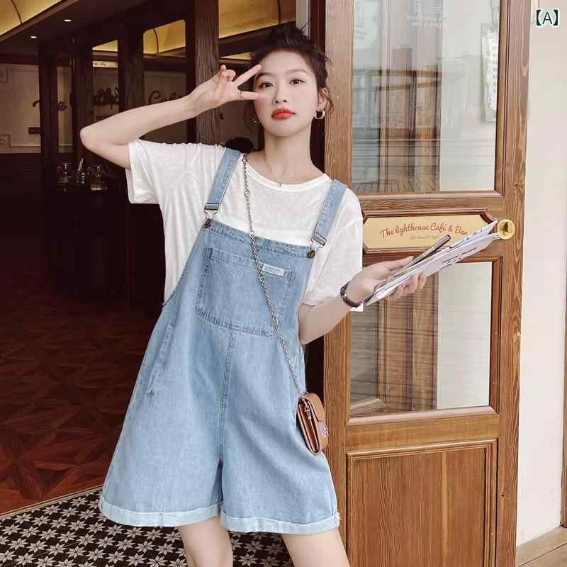サロペット ショート丈 パンツ レディース オーバーオール つなぎ デニム ショーツ 夏 薄手 韓国 ゆったり ワイドレッグ 小柄 水色