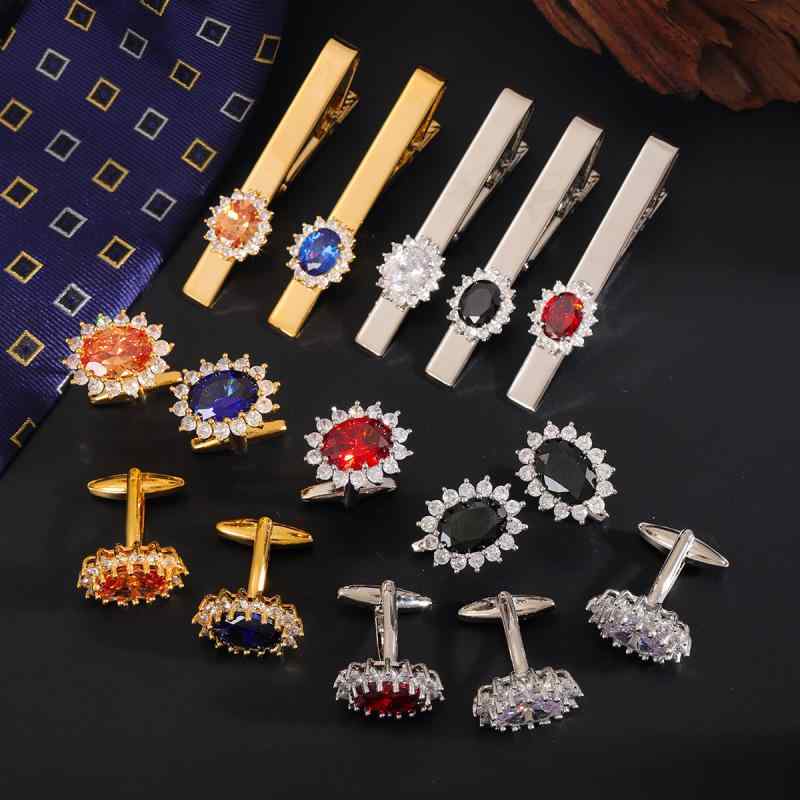 メンズアクセサリー ジルコニア 蓮モチーフ 3点セット ネクタイピン カフスボタン ビジネス フォーマル 結婚式 上品 エレガント 高級感 銅製 ユニセックス