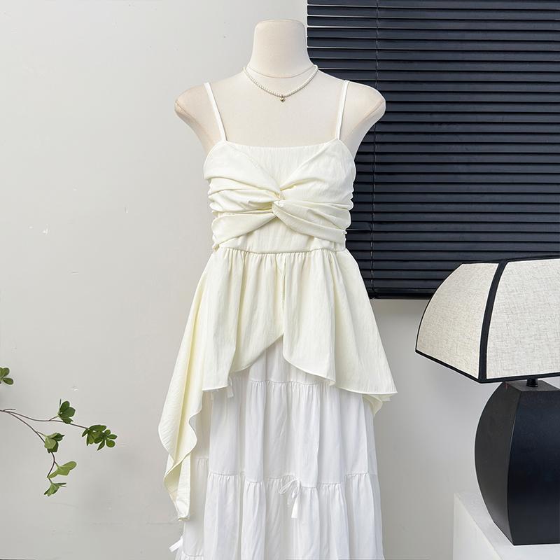 キャミソール レディース フレンチ 不規則 フリル 夏 ガールズ スリム ショート トップス アプリコット ブラック ホワイト ピンク