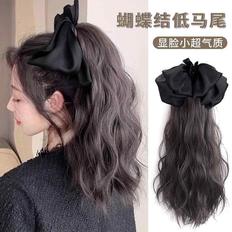 ウィッグ ポニーテール クリップ レディース ヘアアクセサリー 装飾 つけ毛 エクステ ウェーブ カール 巻き髪 ボリューム バンス ワンタッチ バレッタ カジュアル かわいい 茶 黒 チェック柄 リボン