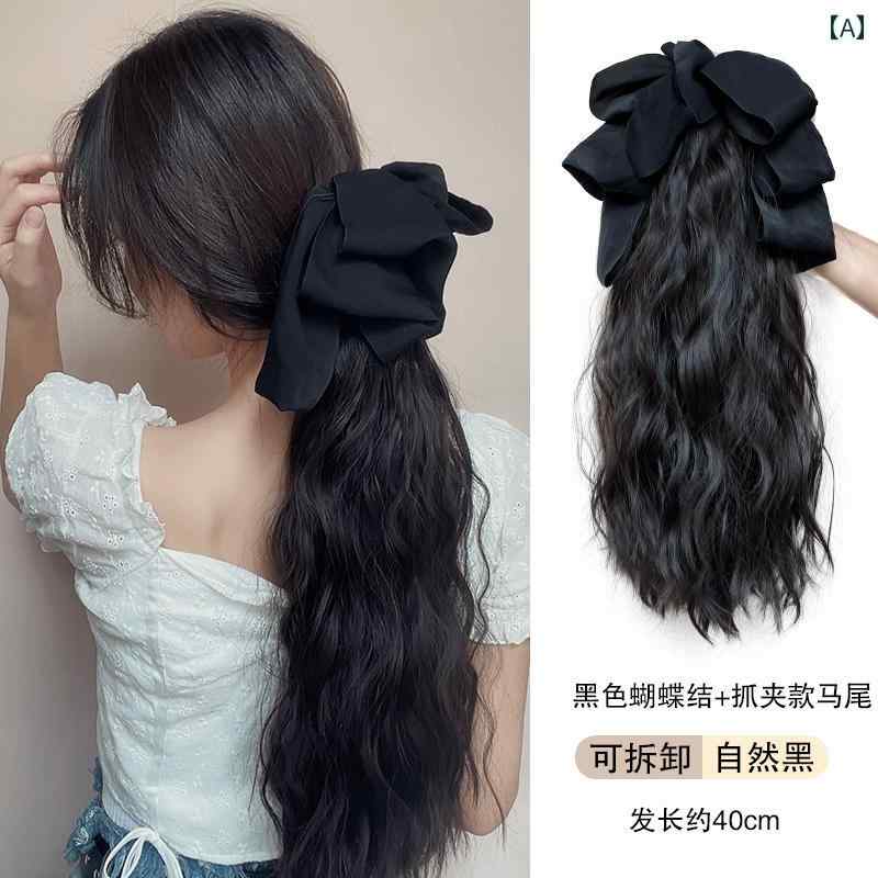 ウィッグ ポニーテール クリップ レディース ヘアアクセサリー 装飾 つけ毛 エクステ ウェーブ カール 巻き髪 ボリューム バンス ワンタッチ バレッタ カジュアル かわいい 茶 黒 チェック柄 リボン