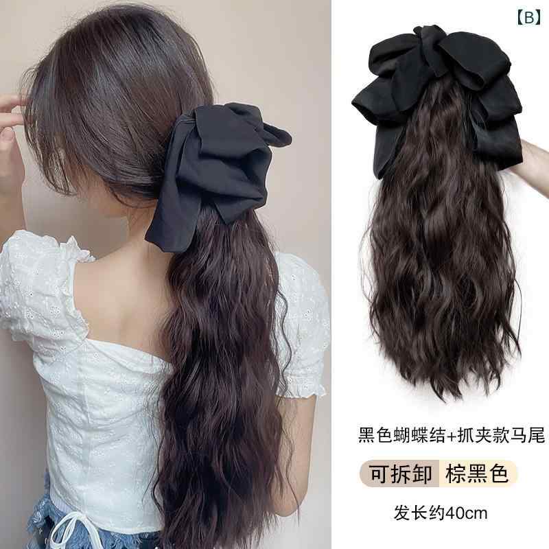 ウィッグ ポニーテール クリップ レディース ヘアアクセサリー 装飾 つけ毛 エクステ ウェーブ カール 巻き髪 ボリューム バンス ワンタッチ バレッタ カジュアル かわいい 茶 黒 チェック柄 リボン
