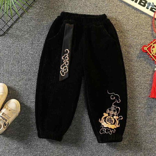 コーデュロイ パンツ キッズ 子供服 男の子 中国風 厚手 暖かい ブラック コーデュロイ パンツ キッズ 子供服 男の子 中国風 厚手 暖かい ブラック