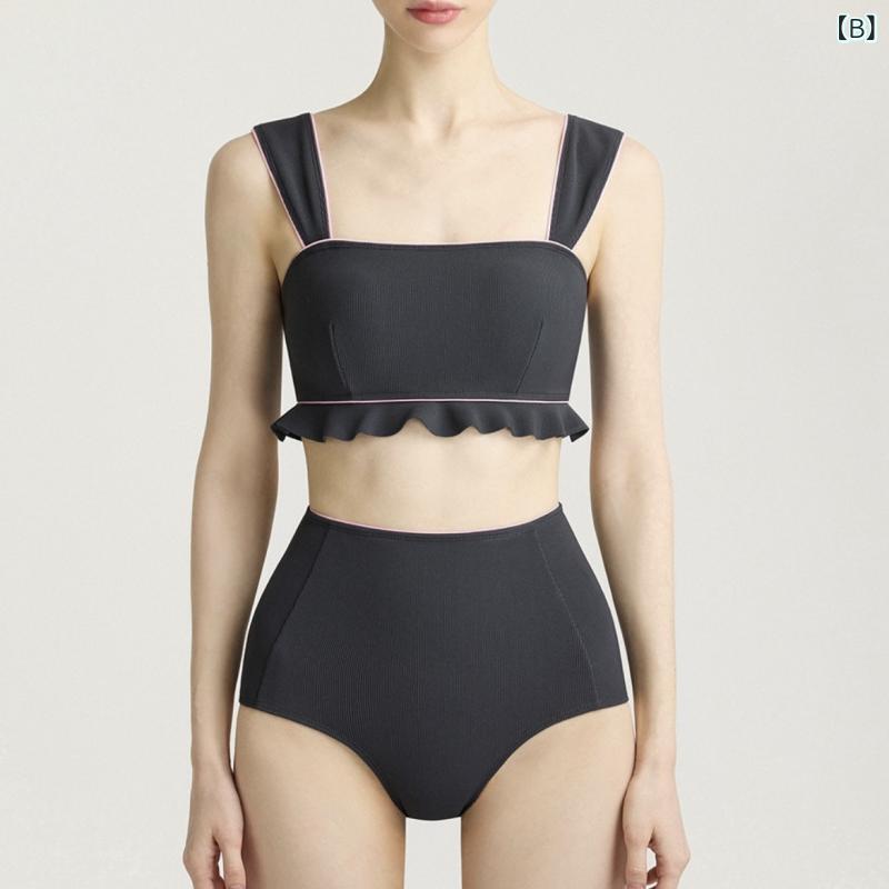 モズラボの水着 レディース セパレート ノンワイヤー 胸パッド付き フリル バックシャン フレンチスタイル 露出控えめ 体型カバー 華奢見え スリムフィット 伸縮性 無地 旅行 温泉 ビーチ プール アウトドア ブラック グレー ブラウン｜アングル3