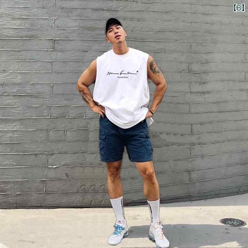 マッチョ タンクトップ メンズ 春夏 綿 トップス ノースリーブ Tシャツ ラウンドネック プルオーバー ゆったり スポーツ アメリカン カジュアル 黒 白 大きいサイズ