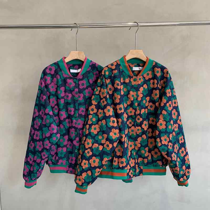 ブルゾン デニム ジャケット メンズ 春秋 長袖 刺繍 アウター カジュアル プリント パープル オレンジ 花柄(4)