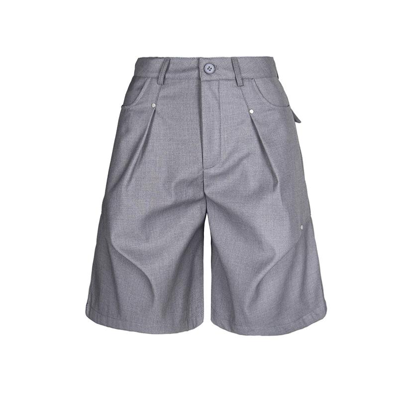 Nylon Shorts - ショートパンツ メンズ レトロ 韓国風 スーツ生地 プリーツ リベット 五分丈 ゆったり ストレート 夏 男女兼用 グレー ブラック