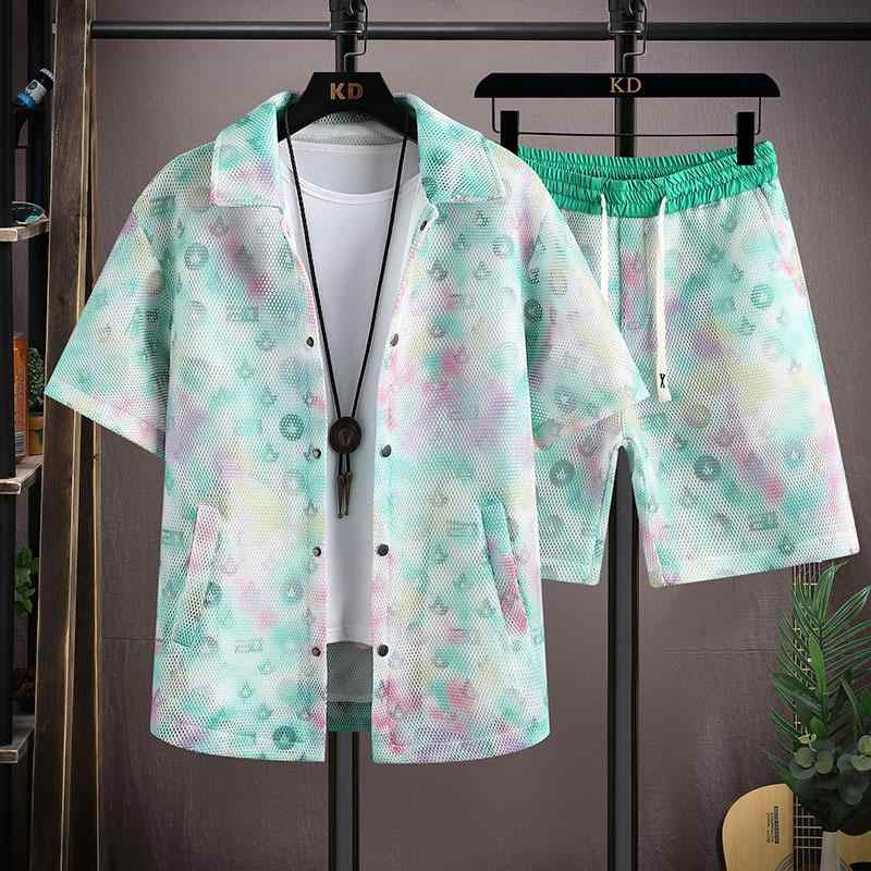 メンズ カジュアル セットアップ UVカット 速乾 メッシュ 通気性 薄手 春夏 半袖トップス ショートパンツ ツーピース ルームウェア 上下セット ポリエステル素材